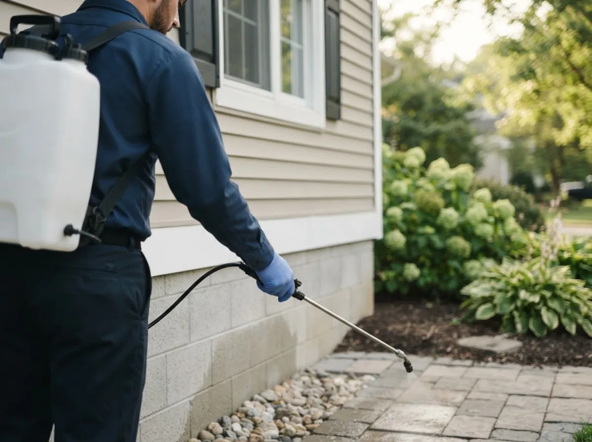 Pest control technician inspecting a home in Ozone, AR